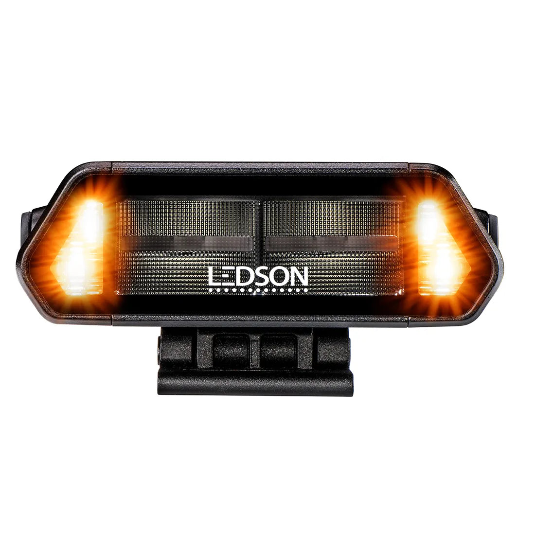 Musta Ledson Epix5+ LED-työvalo suoraan edestä kuvattuna, jossa reunoilla olevat oranssit varoitusvalot loistavat kirkkaasti.