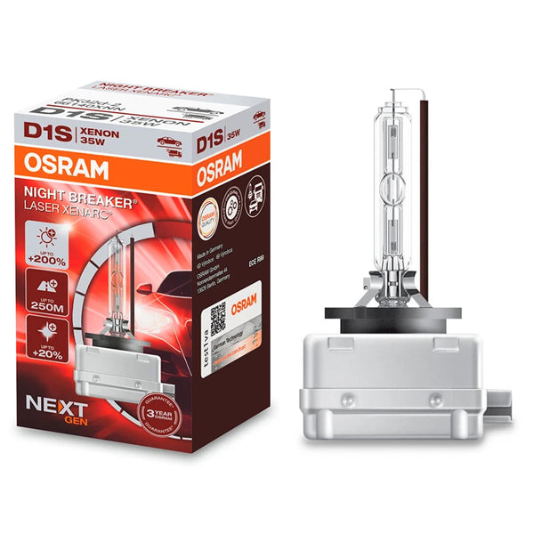 Osram Xenarc Night Breaker Laser Next Gen D1S -polttimo tuotepakkauksen kanssa kuvattuna valkoista taustaa vasten.