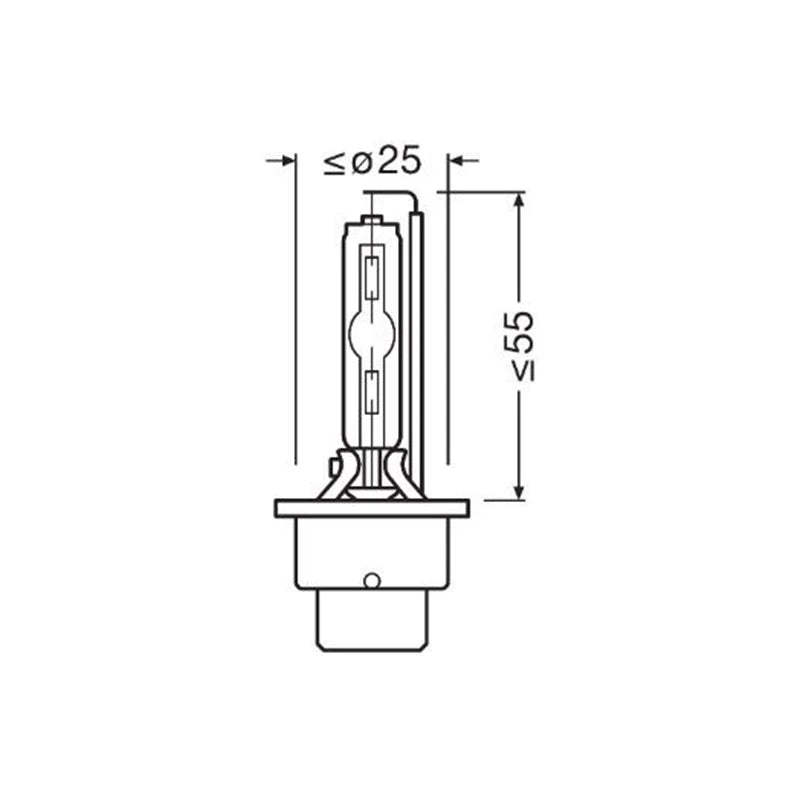 Tekninen mittapiirros Osram Xenarc Night Breaker Laser D2S -polttimosta.