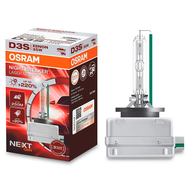 Osram Xenarc Night Breaker Laser Next Gen D3S -polttimo tuotepakkauksen kanssa kuvattuna valkoista taustaa vasten.