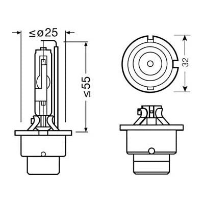 Tekninen mittapiirros Osram Xenarc Original D4S -polttimosta.