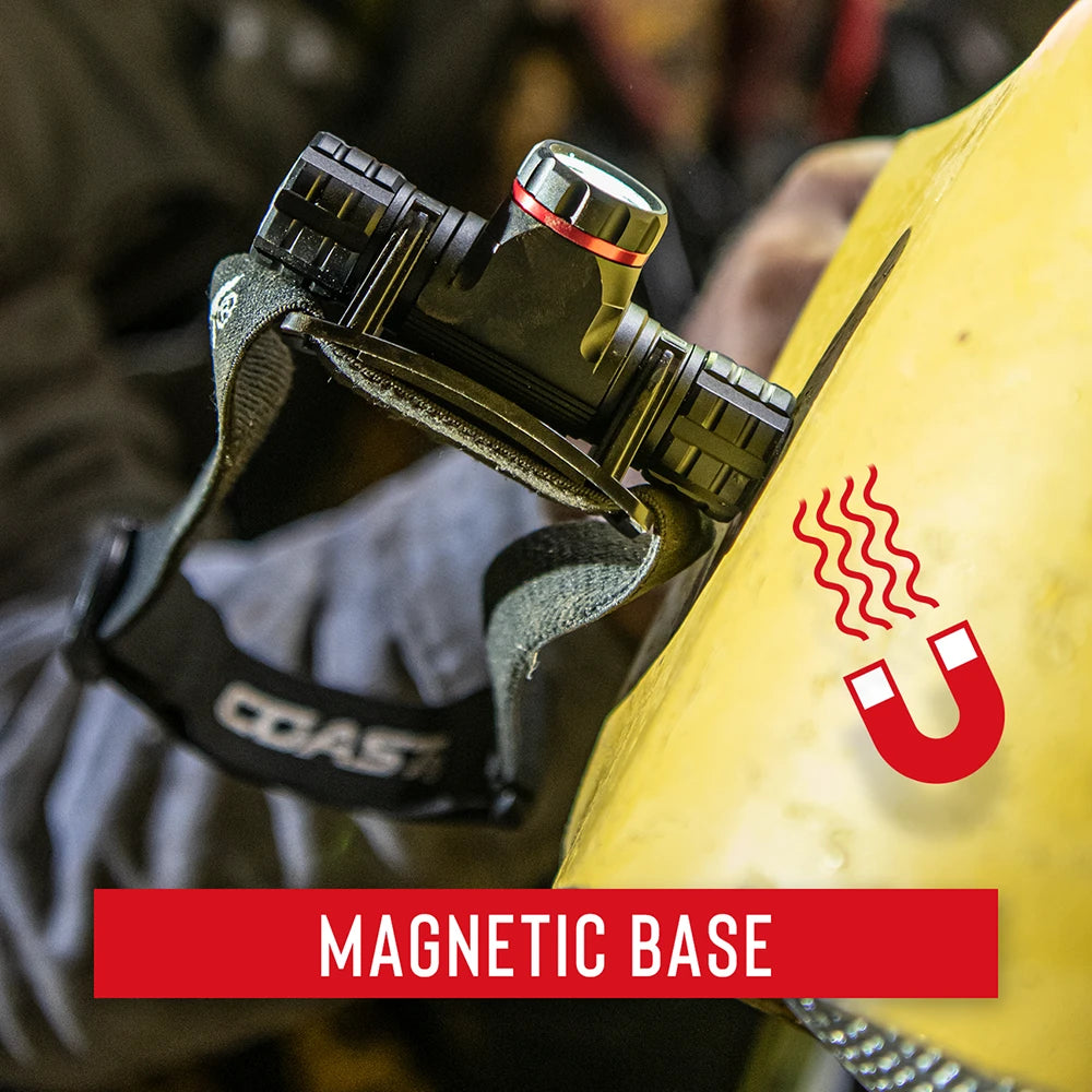 Otsalamppu kiinnitettynä magneettisesti keltaiseen metallipintaan, vieressä punainen magneettisymboli kuvaamassa pitoa.