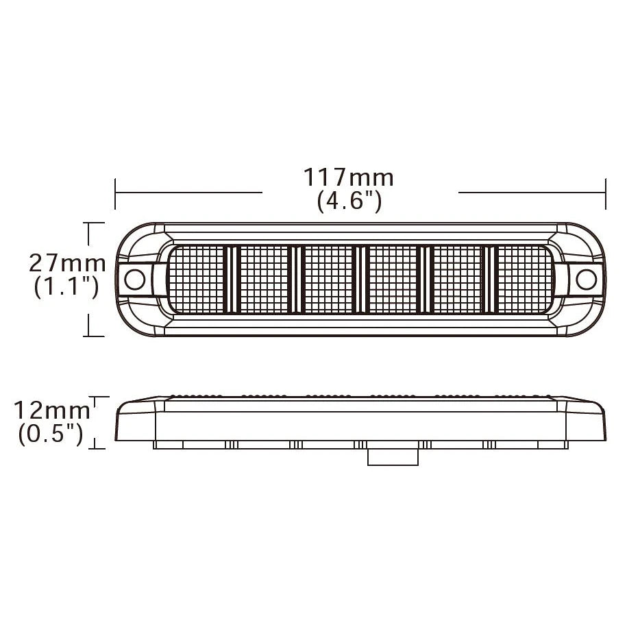 Mittapiirros tasovilkusta näyttää laitteen pituuden 117 mm, korkeuden 27 mm ja paksuuden 12 mm.