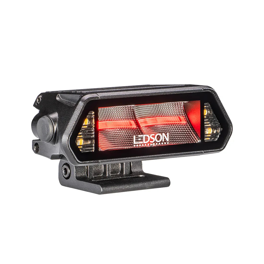 Ledson Epix5+ Kompakti musta LED-työvalo sivusta kuvattuna, jossa palaa punainen vaakasuora huomiovalo ja teksti keskellä.