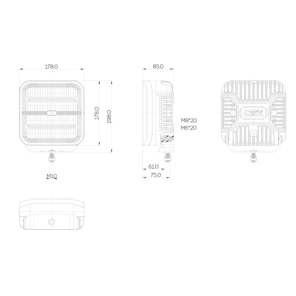 OZZ SQR 7" LED-lisävalo musta runko, parkilla ja R65 varoitusvalolla