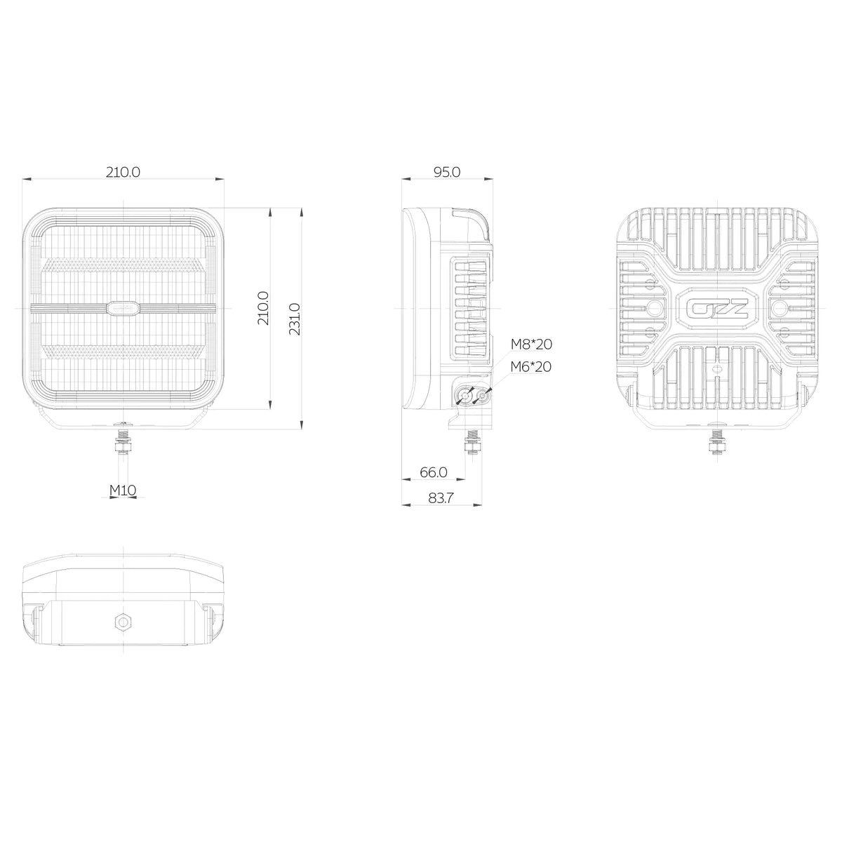 OZZ SQR 9" LED-lisävalo valkoinen runko, parkilla ja R65 varoitusvalolla