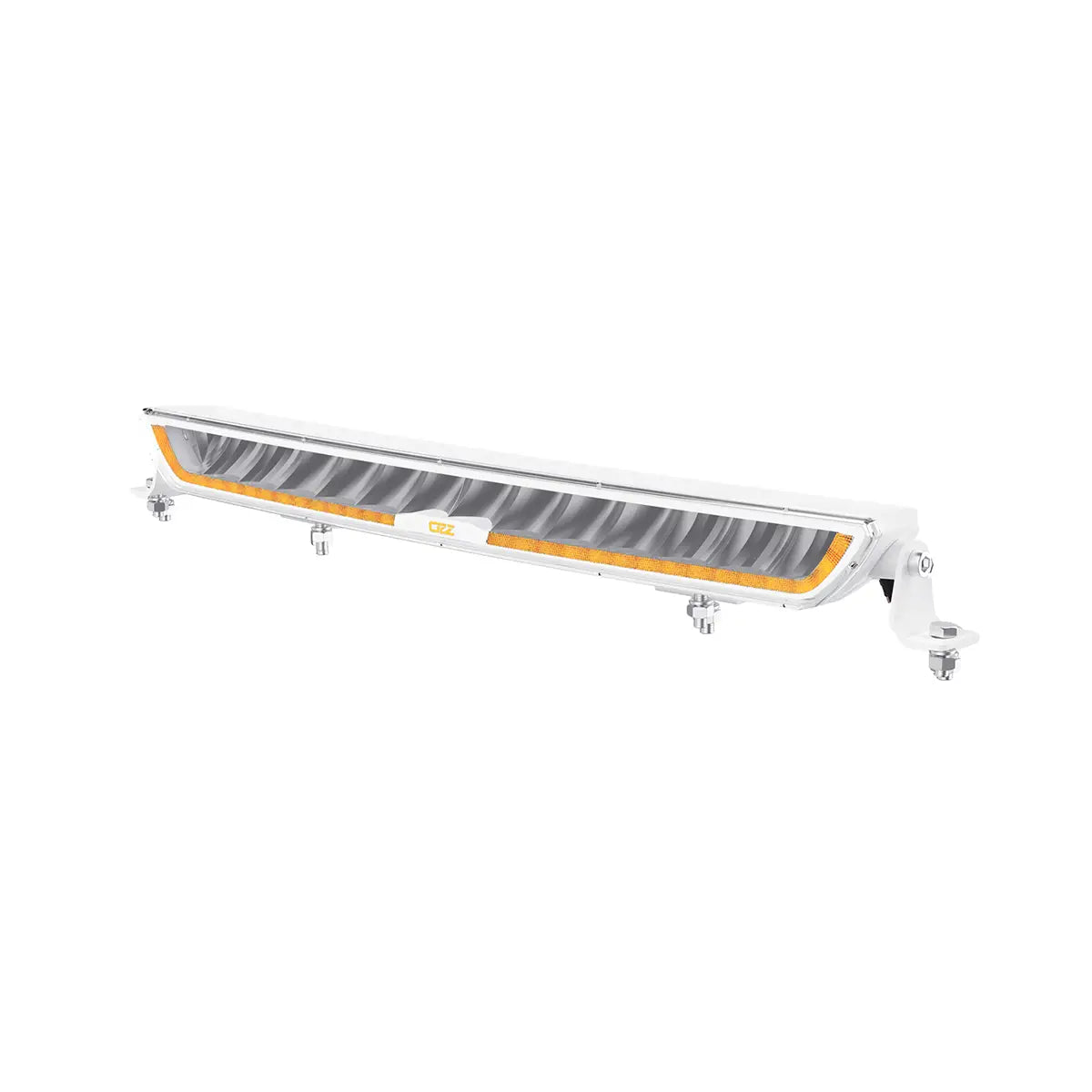 Valkoinen LED-lisävalopaneeli viistosta kuvattuna, jossa palaa oranssi huomiovalo paneelin alareunassa.