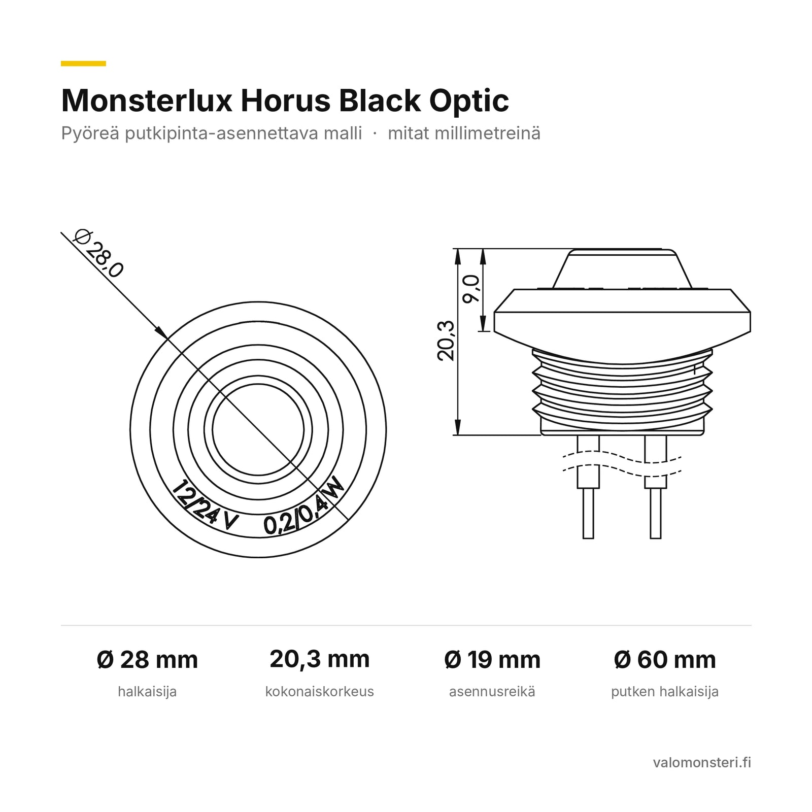 Monsterlux Horus LED-äärivalo, punainen, putkeen